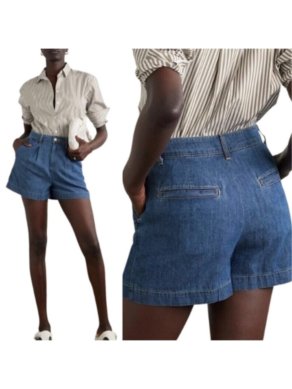 NEW L'Agence Zahari High Rise Pleated Denim Shorts Medium Blue Wash Size: 28